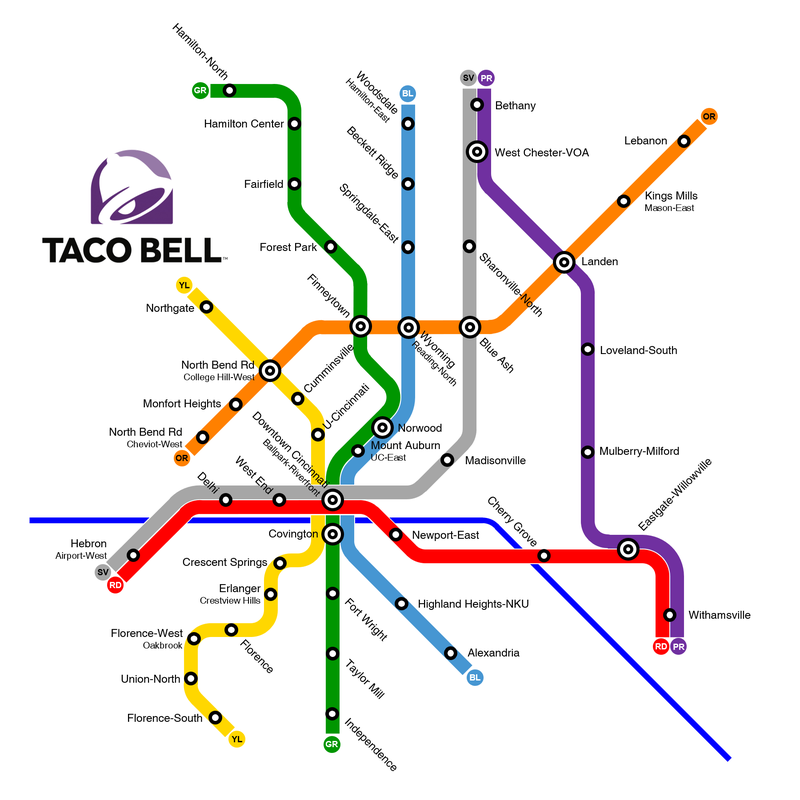 Illustration for article titled Chalupa-loving cartographer links Cincinnati Taco Bells into beautiful subway map